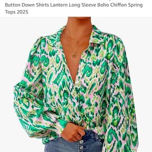 Boho Chiffon Lantern Sleeve Top - Green and Pink